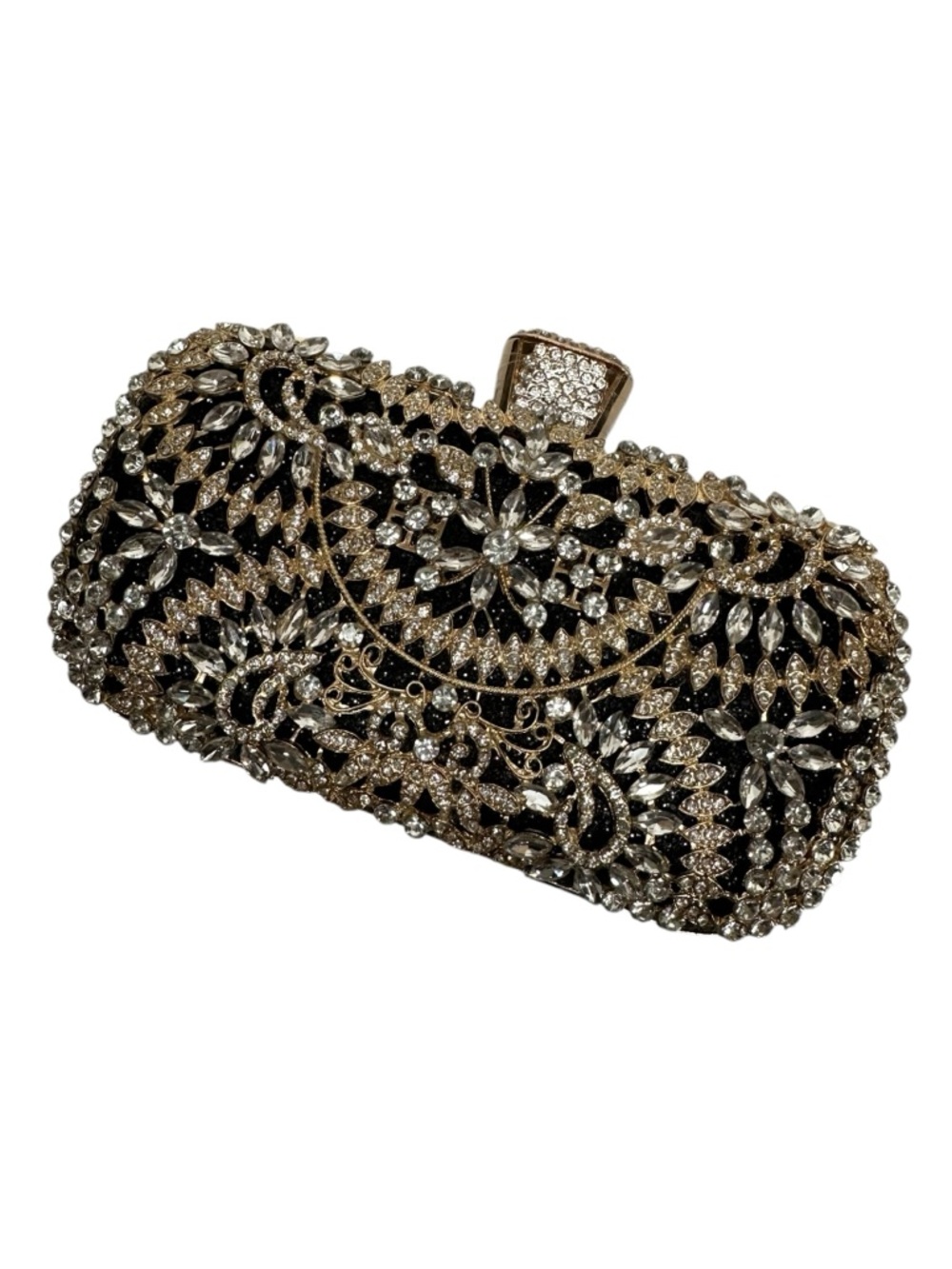 Formal Black Glitter Clutch / Gold Metal Details / Faux Jewels Rhinestone / Glam